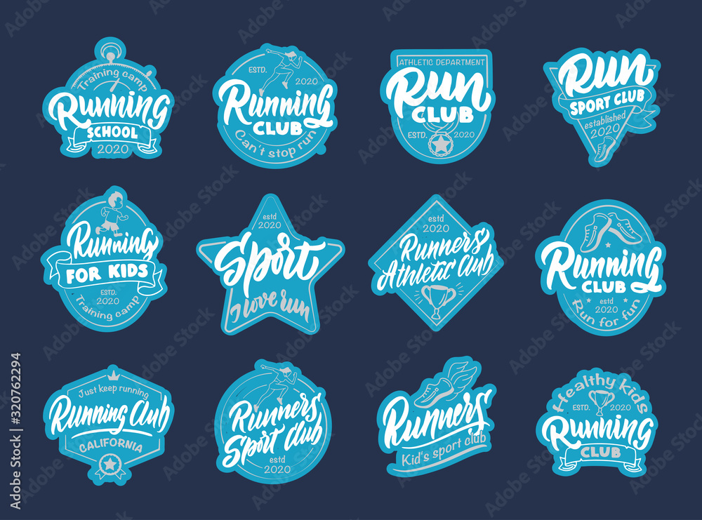 Set of vintage stickers, patches. Sport and Run badges, templates, emblems, stamps