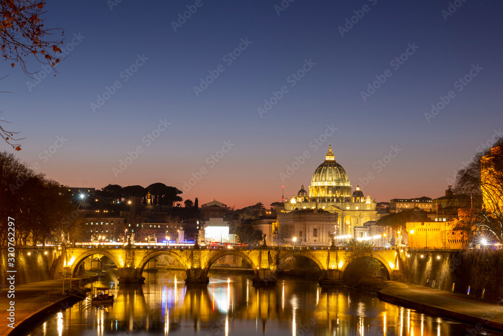 Night view of the Basilica St Peter Cathedral in Rome, Italy. Wonderful view of St. Peter's Cathedral at sun set.