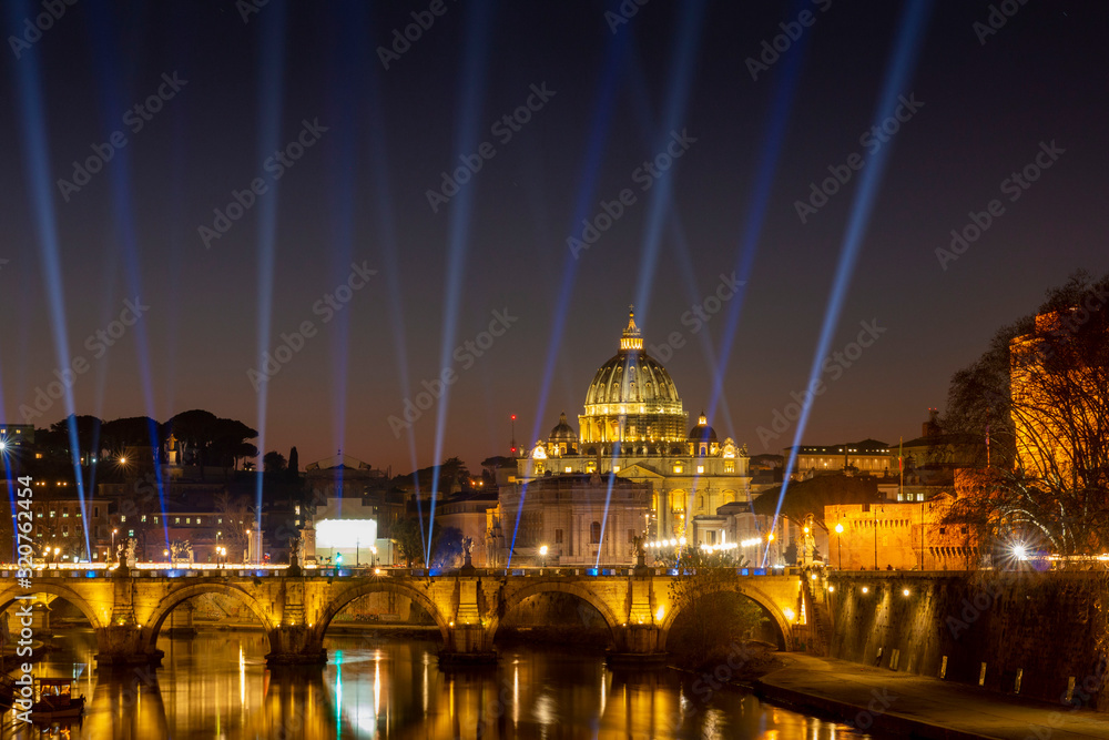 Fototapeta premium Night view of the Basilica St Peter Cathedral in Rome, Italy. Wonderful view of St. Peter's Cathedral at sun set.