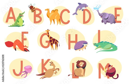Alphabet with exotic animals, children abc vector illustration. Learn English language in kindergarten, cute animals cartoon characters. Letters of English alphabet for preschool kids education