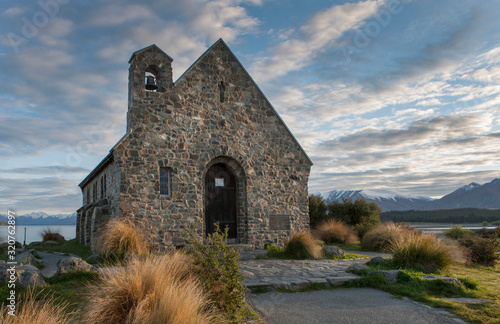 Lake Tekapo South island New Zealand. Church of the good shepard. Twilight. At night