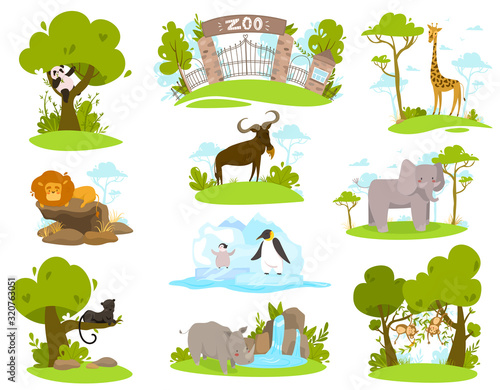 Zoo animals cartoon characters, set of isolated stickers vector illustration. Collection of cute exotic animals in zoo, panda, giraffe, lion and elephant. African wildlife, monkey, rhino and panther