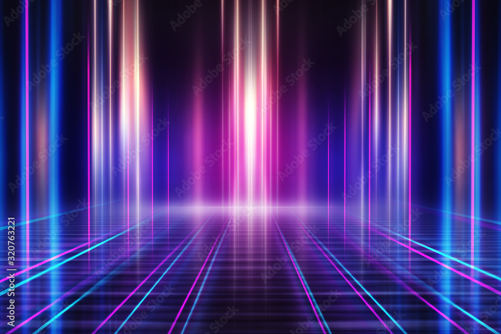 Abstract dark background with blue and pink neon glow. Neon light lines. Show empty stage background - obrazy, fototapety, plakaty 