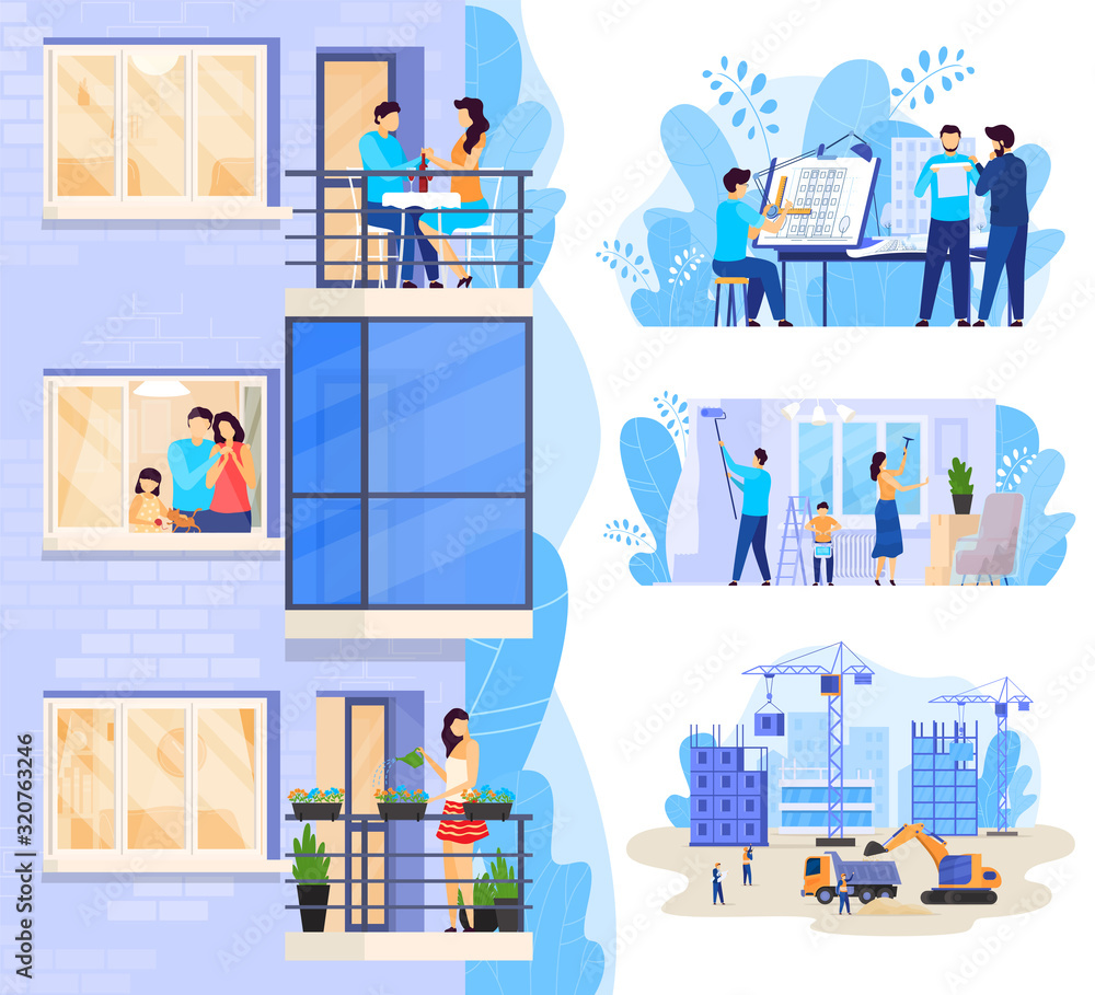 Happy family in modern apartment, new house construction vector illustration. Building project engineering, people moving to new home apartment, modern residential building concept. Family relocation