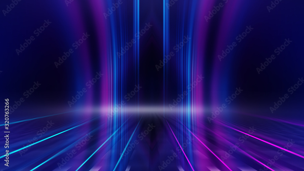 Abstract dark background with blue and pink neon glow. Neon light lines. Show empty stage background Abstract dark background with blue and pink neon glow. Neon light lines. Show empty stage background