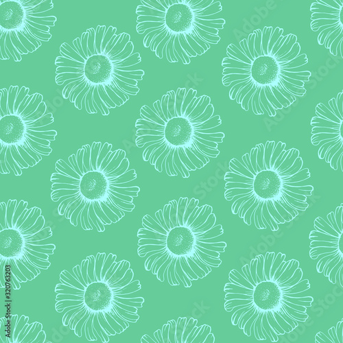 Floral seamless pattern of daisies on a green background for Wallpaper, greeting card, gift box, textile printing.