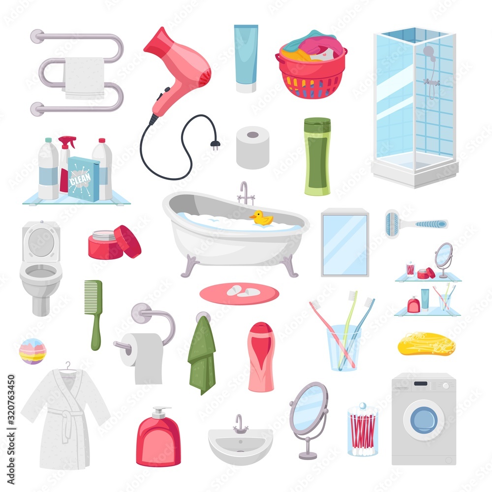 Bathroom accessories, set of personal hygiene items, vector illustration. Isolated stickers in flat cartoon style, bathtub, shower, toilet and sink. Cleaning and body care products, bath items Bathroom accessories, set of personal hygiene items, vector illustration. Isolated stickers in flat cartoon style, bathtub, shower, toilet and sink. Cleaning and body care products, bath items