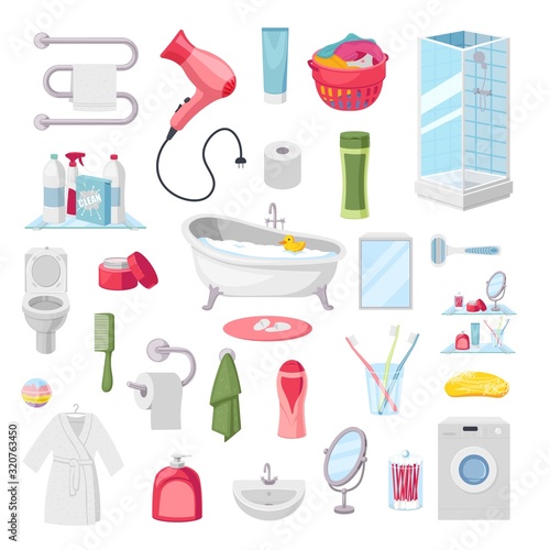 Bathroom accessories, set of personal hygiene items, vector illustration. Isolated stickers in flat cartoon style, bathtub, shower, toilet and sink. Cleaning and body care products, bath items
