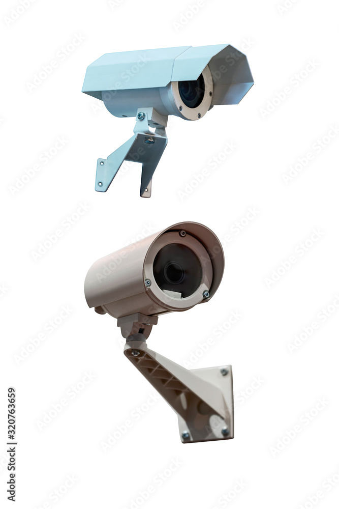 two modern video cameras to track the situation at the object on a white background two modern video cameras to track the situation at the object on a white background