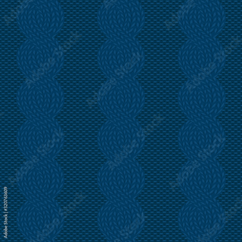 Seamless cable knit navy blue pattern. Handycraft background