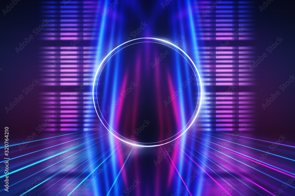 Abstract dark background with blue and pink neon glow. Neon light lines. Show empty stage background Abstract dark background with blue and pink neon glow. Neon light lines. Show empty stage background