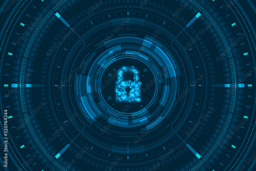 Blue light data lock icon and circle HUD digital screen on dark background illustration, cyber security technology concept.