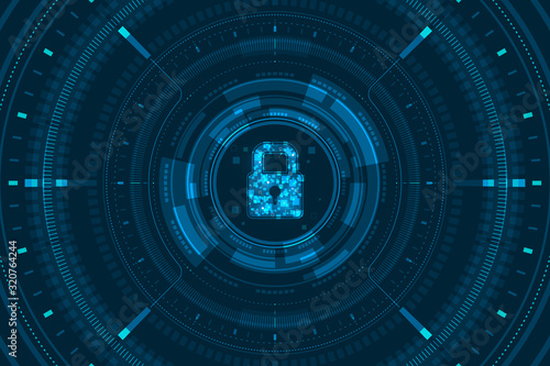 Blue light data lock icon and circle HUD digital screen on dark background illustration, cyber security technology concept.