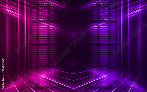 Fototapeta Naklejka Na Ścianę i Meble -  Abstract dark background with blue and pink neon glow. Neon light lines. Show empty stage background