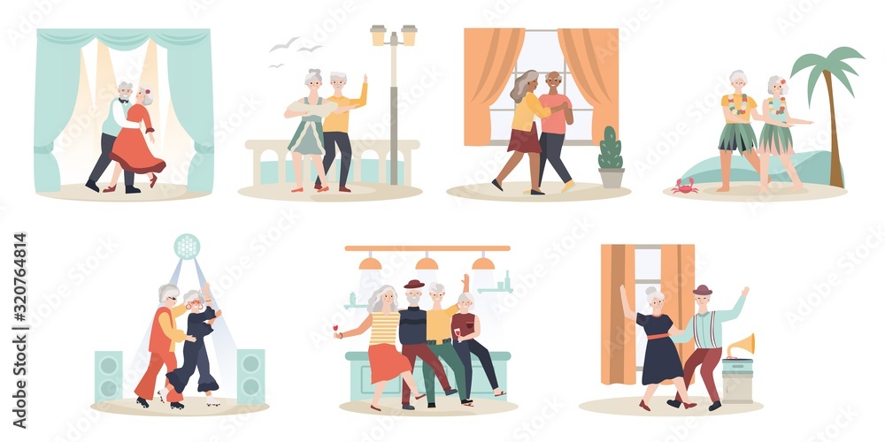 Elderly couple dancing, cartoon characters vector illustration. Set of cute isolated icons in flat style. Senior man and woman, happy romantic couple retired. Dance at home, in club and on vacation Elderly couple dancing, cartoon characters vector illustration. Set of cute isolated icons in flat style. Senior man and woman, happy romantic couple retired. Dance at home, in club and on vacation