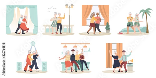 Elderly couple dancing  cartoon characters vector illustration. Set of cute isolated icons in flat style. Senior man and woman  happy romantic couple retired. Dance at home  in club and on vacation