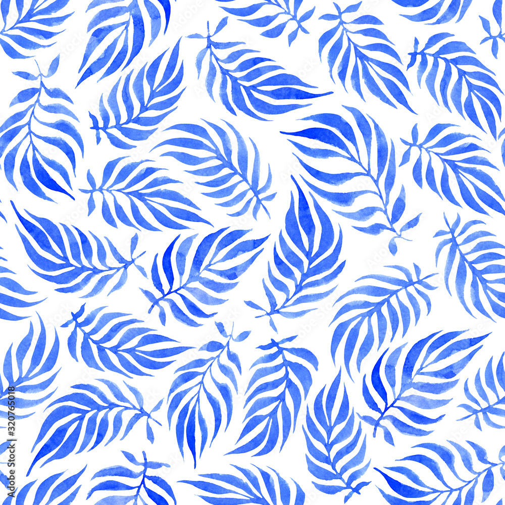 Hand drawn watercolor botany seamless pattern. Palm leaves in blue color on striped backround. Luxury design for fabric, bed linen, textile, pillow, wrapping, wallpaper, background