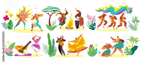 Dancers in traditional costumes of different cultures  vector illustration. People dancing  man and woman in ethnic clothes  holiday celebration festival in different countries. National dance set