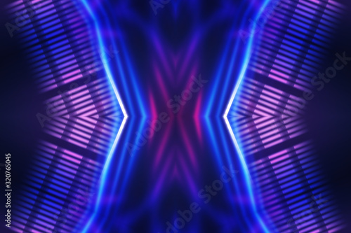 Dark abstract futuristic background. Neon glow  light lines  shapes. UV light.