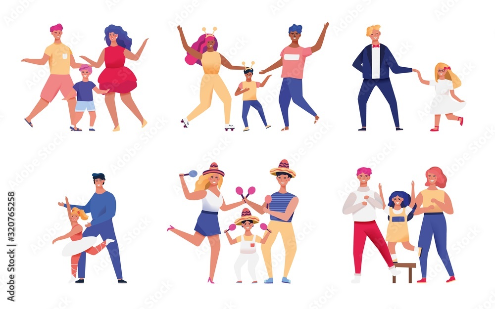 Happy family, parents and children dancing together, vector illustration. Set of isolated stickers with people cartoon characters. Mother and father dance with kids in different costumes, flat style