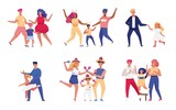 Happy family, parents and children dancing together, vector illustration. Set of isolated stickers with people cartoon characters. Mother and father dance with kids in different costumes, flat style