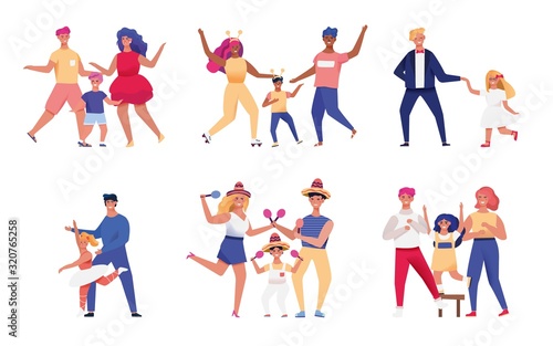 Happy family  parents and children dancing together  vector illustration. Set of isolated stickers with people cartoon characters. Mother and father dance with kids in different costumes  flat style