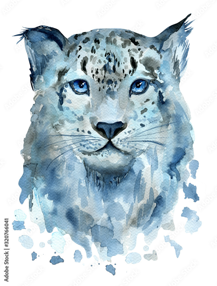 Photo & Art Print Watercolor snow leopard isolated on white background