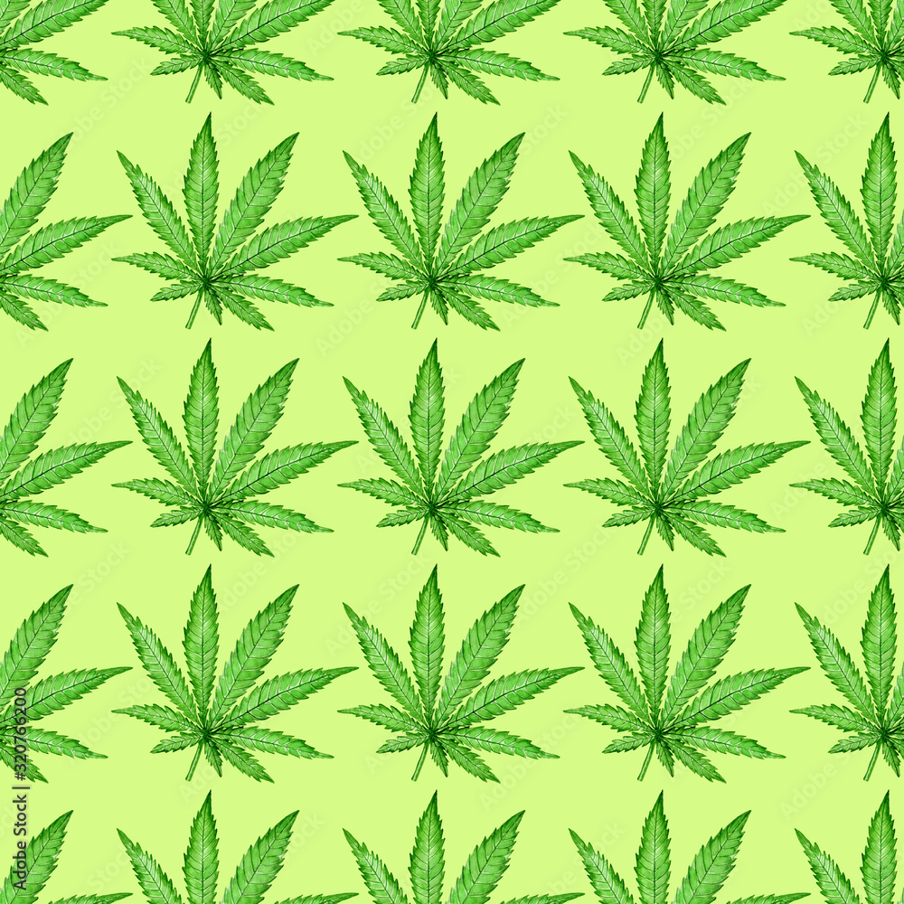 Watercolor seamless pattern with green hemp leaf on light background. Hand painted illustration. Botanical print for fabric and wrapping paper.