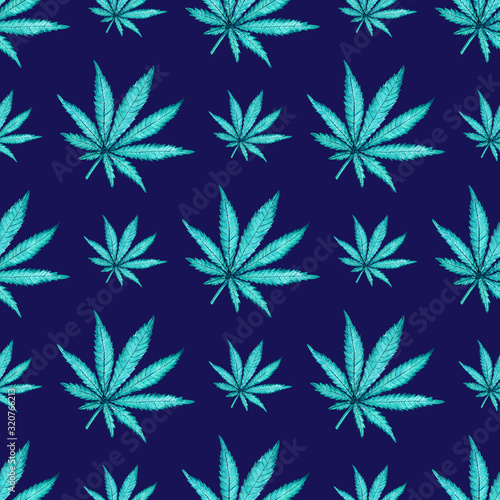 Watercolor seamless pattern with blue cannabis leaf on dark background. Hand painted illustration. Botanical print for fabric and wrapping paper.