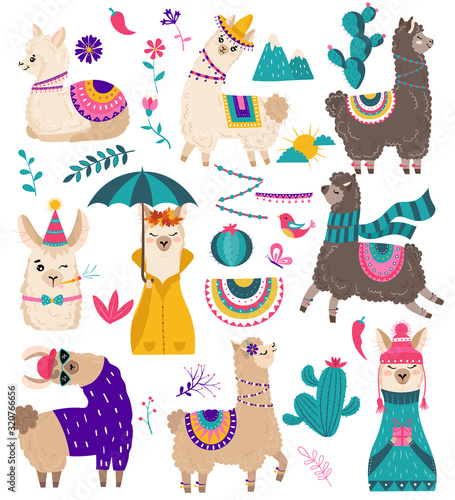 Cute llama, funny alpaca cartoon characters vector illustration. Set of isolated icons and stickers with animals. Adorable llama in sweater and hat, flat style stickers for children