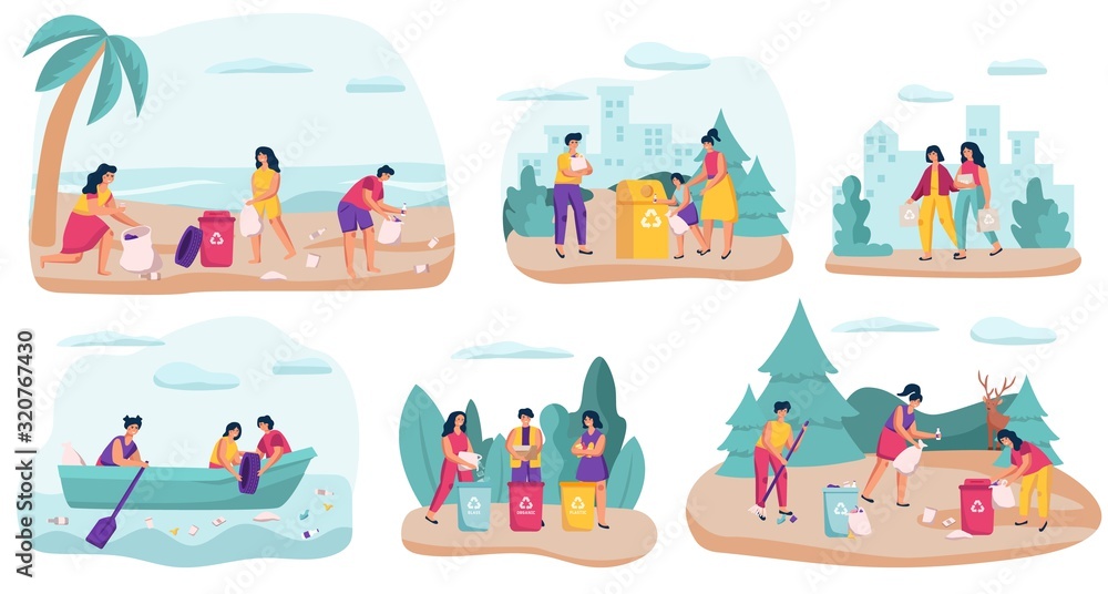 Volunteers collecting garbage in nature, vector illustration. People cleaning beach, park, forest and sea. Cartoon characters gathering trash in bags for recycling. People volunteers, garbage cleaning