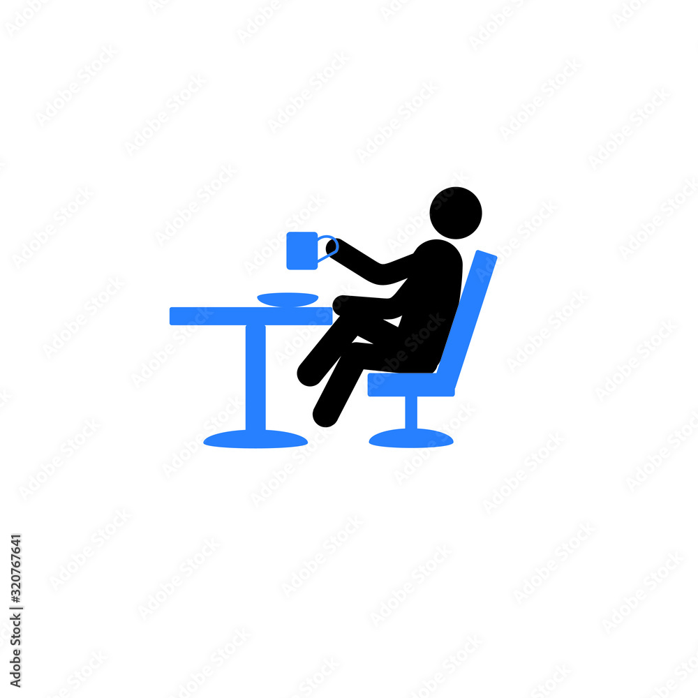 Lunch Stick man with a cup in his hands is sitting at a table Isolated on a white background Lunch Stick man with a cup in his hands is sitting at a table Isolated on a white background