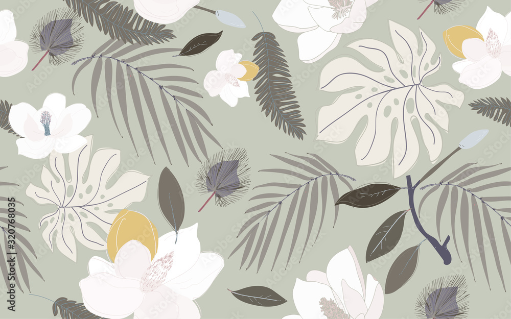 Tropical flowers and leaves of palm trees seamless pattern. Floral vector illustration. Tropical flowers and leaves of palm trees seamless pattern. Floral vector illustration.