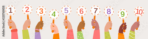 Human hands of different skin colors hold referee cards. Hands of the jury raised up. Voting, assessment of the jury for the competition. Score cards with numbers. Vector flat cartoon illustration.