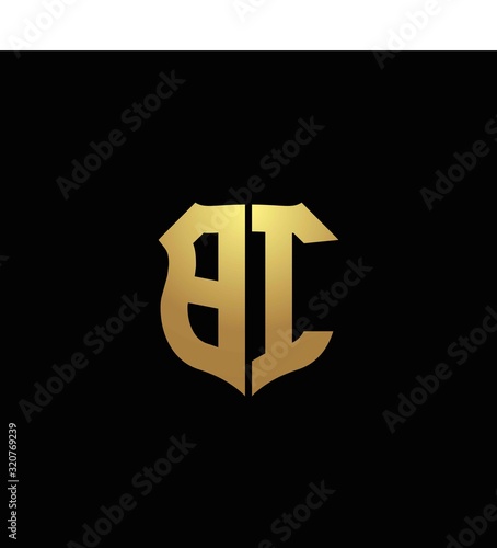 BI logo monogram with gold colors and shield shape design template