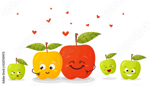 Happy parents with children cartoon. Fruit family.