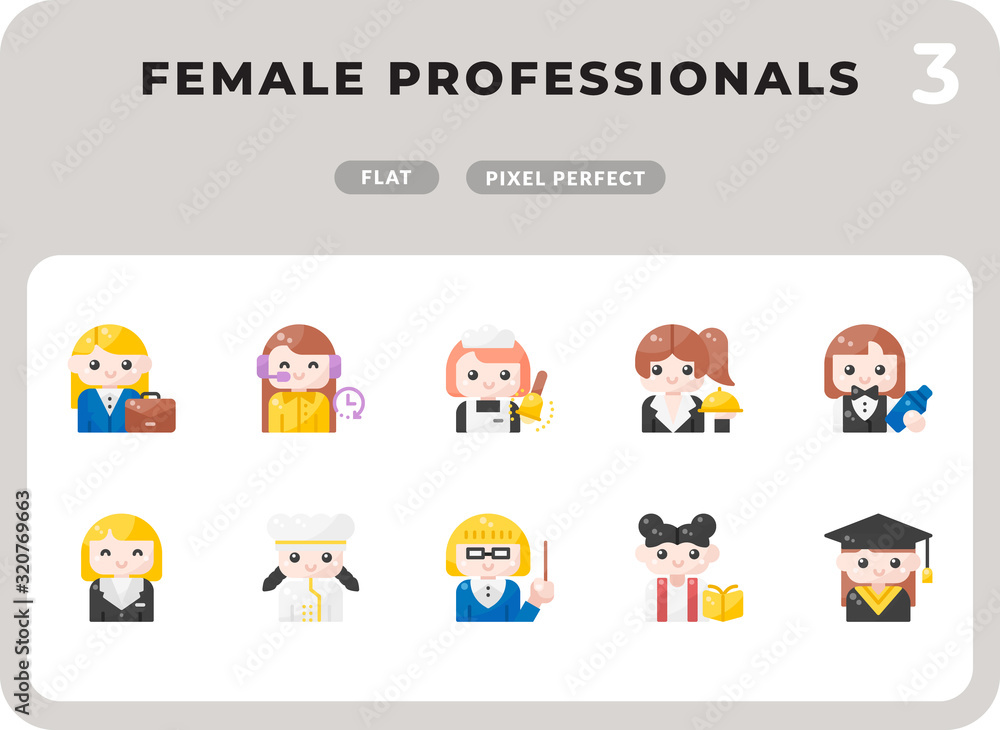 Female Professional Careers Flat  Icons Pack for UI. Pixel perfect thin line vector icon set for web design and website application.