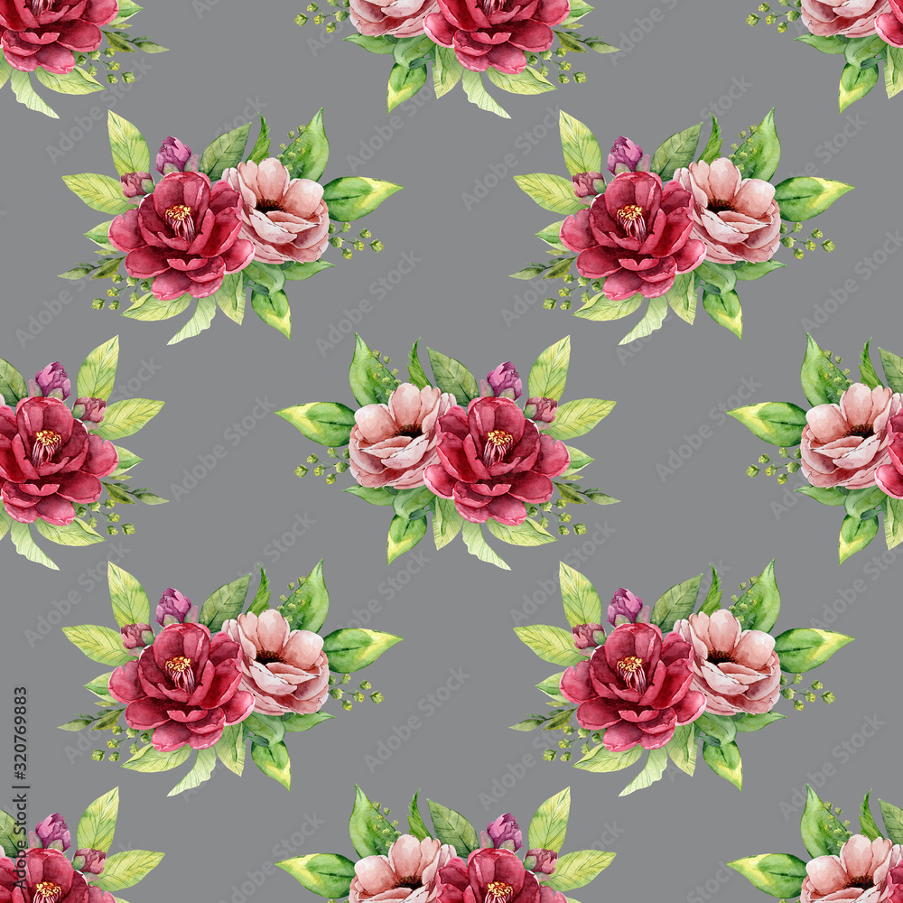 Burgundy flowers seamless pattern with Anemone flower and green leaves. Gray background Burgundy flowers seamless pattern with Anemone flower and green leaves. Gray background