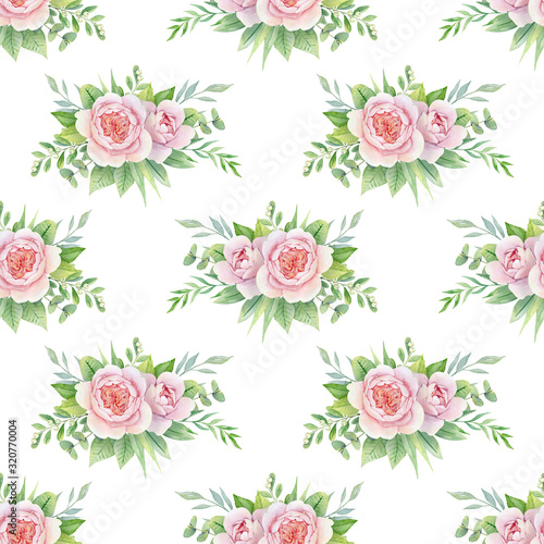Floral seamless pattern. Watercolor hand drawn bouquets with pink peonies
