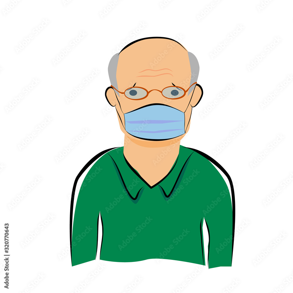 Simple Vector, Hand Draw Sketch, Sick Old Man using Mask, Isolated on White
