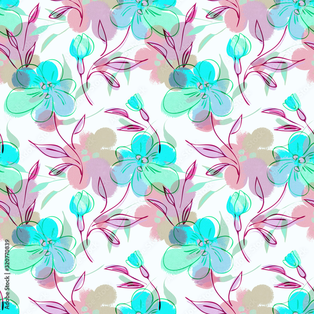 Acrylic Flowers Seamless Pattern. Hand Painted Illustration. Floral Background.