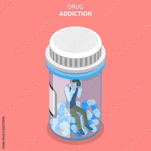 Flat Isometric Vector Concept of Drug Abuse and Addiction, Painkillers and Sedatives Habit.