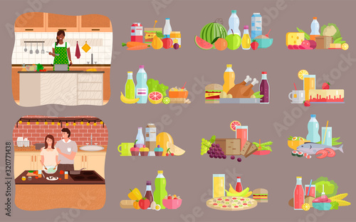 Collection of dietary menu and healthy nutrition. Set of people preparing food at home, woman alone in kitchen cooking dishes. Father and daughter making meals, boyfriend or girlfriend vector