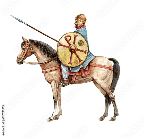 Ancient byzantine rider. Ancient warrior on horseback. Chi Rho on the knight's shield. Book Illustration. © Lunstream