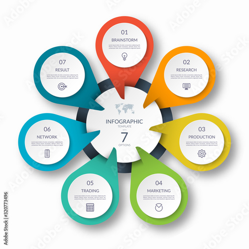 Infographic circle diagram template with 7 options. Can be used as a chart, graph, workflow layout, for web, report, business infographics.