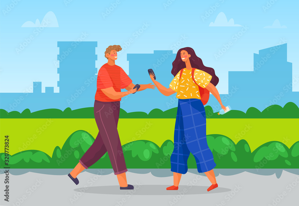 Teenagers spend leisure time on summer holidays together. Boy and girl hold phones in hands and talking with each other. Landscape with greenery and silhouette of buildings. Vector illustration Teenagers spend leisure time on summer holidays together. Boy and girl hold phones in hands and talking with each other. Landscape with greenery and silhouette of buildings. Vector illustration