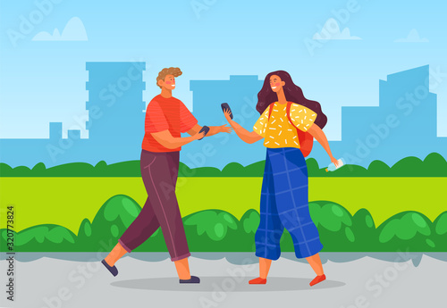 Teenagers spend leisure time on summer holidays together. Boy and girl hold phones in hands and talking with each other. Landscape with greenery and silhouette of buildings. Vector illustration