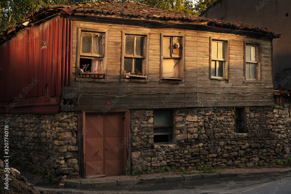 old house with windows near Yedikule castle, Istanbul, Turkey