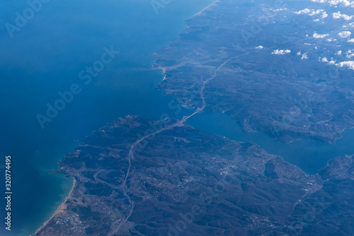 Aerial view over Bosphorus strait , the Black Sea and the Yavuz Sultan Selim Bridge, Turkey