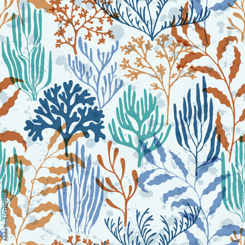 Coral polyps seamless pattern., Tropical coral reef branch silhouette elements.